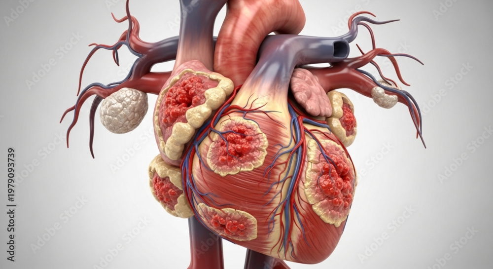 3D render of a human heart with severe arterial inflammation and ...