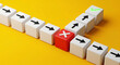 © Pukan - Red cube with X mark stopping path of arrows on yellow background, concept of error, obstacle and failure.