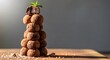 © Luppy Studio - Stack of round cocoa dusted desserts topped with fresh green mint leaves presents a delicious sweet confectionery assortment arranged on a wooden surface with gentle lighting casting shadows and
