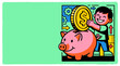 © Nuraini - A cheerful cartoon boy deposits a large golden dollar coin into a pink piggy bank, illustrating concepts of saving money and financial growth.
