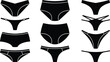 © Nayan - Large set of black women underwear silhouettes including panties thongs briefs and bikini styles isolated on white background vector icons for lingerie fashion design.