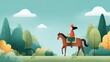 © ilham - A stylized illustration of a person wearing an orange hat and jacket riding a brown horse through a peaceful forest landscape with soft clouds in the sky