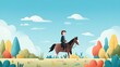 © ilham - A stylized illustration of a person riding a horse through a colorful, abstract landscape with rolling hills, trees, and a bright blue sky