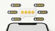 © Wei - 3D illustration of smartphone with floating chat bubbles showing five star ratings customer reviews positive feedback user experience mobile app interface social proof