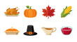 © AI.noevation - A colorful vector set of Thanksgiving icons including turkey, pumpkin, corn, leaf, pie, hat, gravy, and cranberry sauce on a white background.