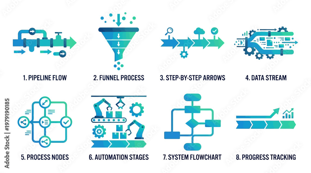 A vector set of business process workflow icons illustrates a step-by ...