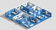 © Bunga - Isometric view of a modern office interior with cubicles, desks, and meeting areas in blue and white.