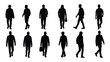 © SILHUETTECHEMBER - A collection of twelve black silhouettes depicting diverse people walking in various casual poses against a white background high quality professional