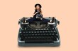 © Pixel-Shot - Big typewriter and actress with movie clapper on beige background