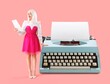 © Pixel-Shot - Big typewriter and beautiful actress with film script on pink background