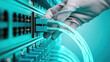 © javu - Cloud computing infrastructure technician connects fiber optic cables data center with careful