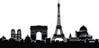 © MdFiroz - Paris city skyline vector icons set, featuring Eiffel Tower, Arc de Triomphe, and French landmarks, black silhouette architectural symbols, isolated, France.