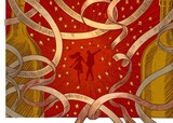 Romantic celebration background with couple silhouette stars and festive ribbons on red sunburst