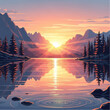 © bos mad - Vibrant Sunset Illustration with Mountains and Lake.