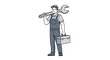© Thiga.project - Professional handyman or mechanic character in overalls carrying a giant wrench and toolbox, repair and maintenance service concept