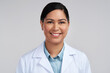 © peopleimages.com - Portrait, scientist and woman with smile in studio, professional and confident for medical innovation. Happy, healthcare and lab technician with pride for research study, science and white background