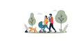© Ovi - Young family with a baby in a stroller taking a peaceful walk in a green park with their pet dog during a sunny outdoor afternoon.
