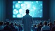 © Vadym - Doctor presents research findings to audience at medical conference. Speaker discusses health innovation, science advancements on large screen. Professionals attend seminar.
