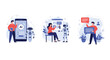 © James - Three illustrations showing different interactions between humans and artificial intelligence robots for customer service and assistance.