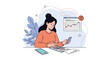 © James - Young woman using a calculator and smartphone while analyzing financial growth data charts at her office desk.