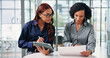 © peopleimages.com - Women, team and tablet with documents at office for review, insight or planning at insurance company. People, tech and discussion for paperwork, feedback and app for project at risk management agency
