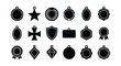 © Md - Black medal silhouette icons set, 18 award and trophy vector elements, flat achievement symbols for sports and competition recognition