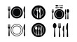 © Akash - Minimalist cutlery icon set, black silhouette plate fork and knife symbols, restaurant table setting vector collection for menu design