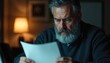 © Viktor - Elderly man with gray beard reads paper document with serious worried look. Man sits in dimly lit office at desk. He holds letter receiving bad news. Sad man reflects at night.