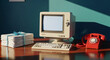 © Mirivox - Retro workspace featuring a beige computer, keyboard, red rotary phone, and stack of letters, representing vintage technology and communication
