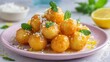 © fivan - Mini loukoumades soaked lightly in lemon-honey syrup and garnished with fresh mint leaves and grated lemon zest, arranged neatly on a pastel plate in bright spring window light