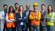 © Viktor - Diverse group of professionals stand together smiling. Includes doctor, construction worker, office staff. Represents teamwork across varied industries and careers.