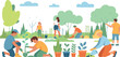 © Quadra - Flat vector illustration of community garden with diverse people working together planting greenery pots trees and outdoor gardening activities