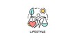 © Sisi - A linear icon representing lifestyle balance. Featuring a heart, scales, leaf, sun, and stylized human figure. Clean design on a white backdrop