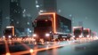 © rinrada - E-commerce delivery truck system, fleet of delivery trucks moving through distribution routes, glowing path lines and data nodes indicating order fulfillment flow, modern logistics technology