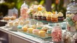 © fivan - A pastel dessert cart filled with cupcakes, layered cakes, and jars of colorful candies positioned outdoors under bright spring sunshine