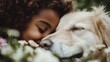 © Larisa AI - A heartwarming scene of a child snuggling with a golden retriever, showcasing the bond between humans and animals, love, joy, and the innocence of childhood in nature.