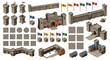 © SnapNest - Medieval castle isometric vector set, ancient stone fortress walls and watchtowers, historical kingdom building kit for game design and maps