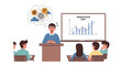 © narastockimages - Public speaking anxiety and fear of failure illustrated with a nervous presenter facing a challenging audience and data chart