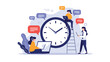© Power Clipart - Business team works around a giant clock with message bubbles representing time management productivity and deadline tracking in the office.