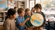 © jackijack - Vier Kinder lernen gemeinsam in einer Schulklasse und erkunden neugierig einen Globus. Sie zeigen auf verschiedene Länder und Kontinente, während im Hintergrund weitere Schüler lesen und arbeiten.