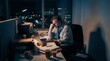 © ASyen - Overworked businessman tiredly working late at his desk in a dimly lit office with a laptop and papers scattered around