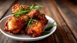 © svastix - This image showcases a plate of crispy fried chicken drumsticks, garnished with fresh herbs, making it an appetizing choice for any meal or dining occasion.