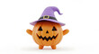 © MSTSAHERA - Cute halloween jack o lantern pumpkin character wearing purple witch hat and smiling for autumn holiday celebration festive decoration and seasonal party decor isolated on white background