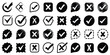 © Hike Studio 444 - Check mark icon button set. Check box icon with right and wrong buttons and yes or no checkmark icons in green tick box and red cross. Green checkmark and red x sign. Symbols of approval and Decline.