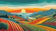 © Arifah - Vibrant Sunset Over Rolling Hills of Vineyards and Farmland.