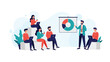 © Samanta - Business meeting scene shows a team leader presenting a pie chart to colleagues sitting with laptops and drinks for strategic analysis.