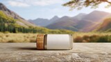 Glass jar with a bamboo lid and blank label placed on a wooden table, surrounded by a scenic mountain landscape and lush greenery in the background