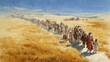 © ThePixLab - Abram leading his household and flocks through Canaan, a long caravan crossing dry terrain, a biblical Genesis 12 illustration.