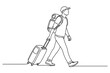 © Sheraz - Continuous line drawing of a male traveler walking with a backpack and pulling a rolling suitcase behind him. Minimalist vector illustration of a man on a journey, vacation, or business trip.