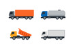 © Sheraz - Flat Vector Truck Icons Collection Featuring Cargo Trailer, Fuel Tanker, Industrial Dump Truck, and Delivery Box Truck. Set of Heavy Vehicle Transport Symbols for Logistics, Shipping, and Industry.